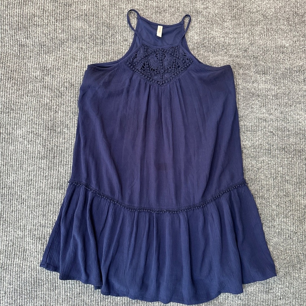 Xhilaration Crochet Neck Tiered Dress Small Navy Blue Boho‎ Halter Rayon